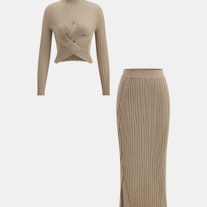 Mock Neck Cross-Over Crop Top and Midi Skirt Set