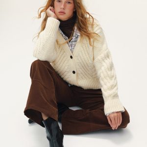 Wool Blend Cable Knit V-Neck Button Cardigan