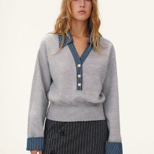 Striped Denim Panel Polo Sweater