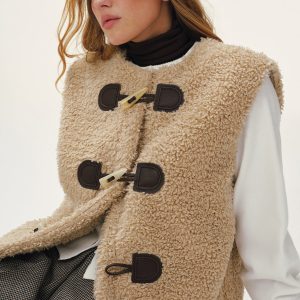 Faux Leather Buckle Fleece Sleeveless Vest
