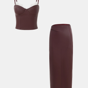Lace Trim Faux Leather Skirt Set with Removable Straps