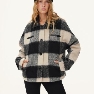 Faux Leather Collar Plaid Faux Cashmere Coat