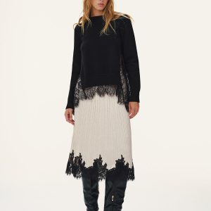 Lace Hem Pleated Midi Skirt