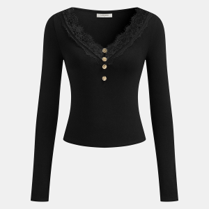 Lace Trim V-Neck Long-Sleeve Top