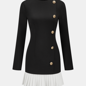 Pleated Hem Panel Asymmetric Metal Detail Mini Dress