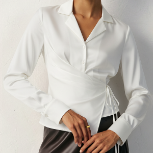 Lapel Collar Tie Satin Wrap Shirt