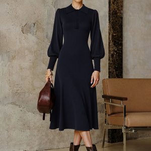 Leg-Of-Mutton Sleeve Wool Blend Collared Midi Dress