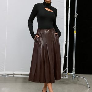 Pleated Faux Leather Maxi Skirt
