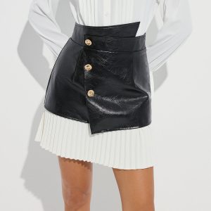 Pleated Panel Faux Leather Asymmetric Mini Skirt
