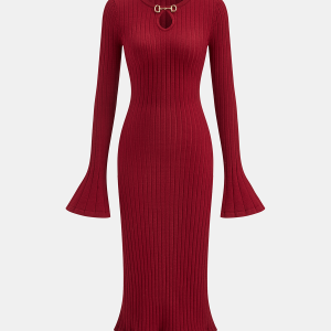Bell Sleeve Mermaid Hem Horsebit Knit Midi Dress