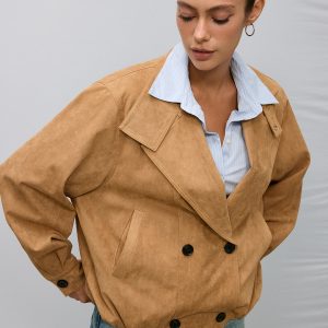 Double-Breasted Suede Effect Trench Coat