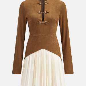Pleated Hem Panel Suede Effect Mini Dress