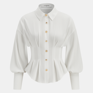 Pleated Cinched Waist Metal Button Blouse