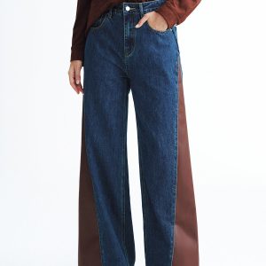 Contrast Panel Mid-Waist Denim Wide-Leg Jeans