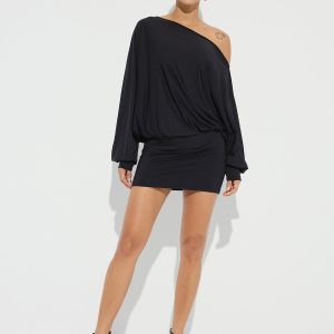 One-Shoulder Ruched Long Sleeve Mini Dress