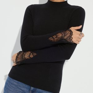 Mock Neck Lace Cuff Knit Top