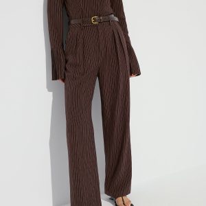 Striped Pleated Wide-Leg Pants without Belt