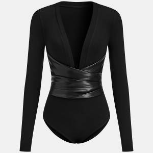 Faux Leather Wrap Waist V-Neck Bodysuit