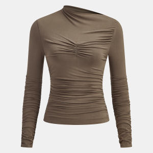Asymmetric Neck Ruched Long Sleeve Top
