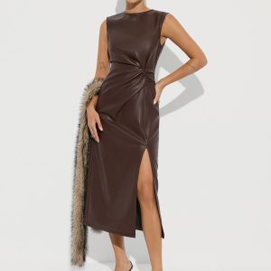 Twisted Faux Leather Sleeveless Slit Midi Dress