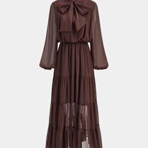 Chiffon Bow Long Sleeve Maxi Dress