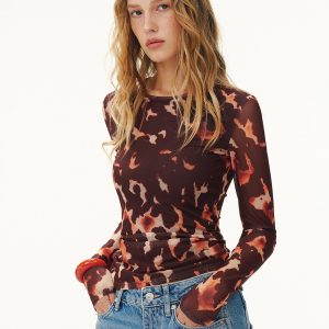 Leopard Print Mesh Fitted Long-Sleeve Top