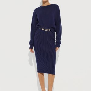 Crew Neck Knit Sweater and Ribbed Midi Skirt
