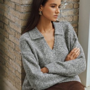 Wool Blend Collared V-Neck Sweater
