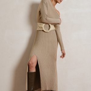 Wool-Blend Slit Knit Maxi Dress without Belt
