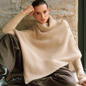 Metal Detail Turtleneck Poncho Sweater