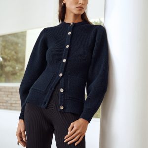 Button-Front Crew Neck Ribbed Knit Cardigan