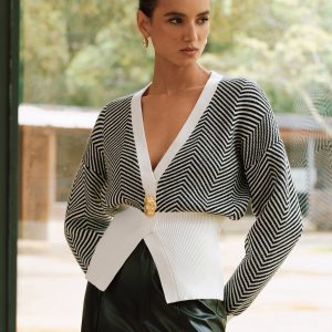 Metal Detail Chevron Knit Cardigan
