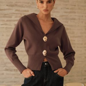 Metal Button Shawl Collar Knit Top