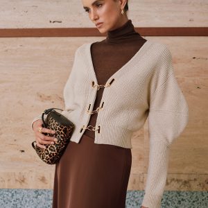 Puff Sleeve Chain Closure Knit Cardigan
