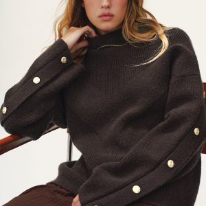 Button Detail Mock Neck Knit Sweater
