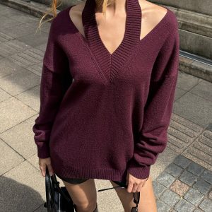 Halter Off-shoulder V-Neck Sweater