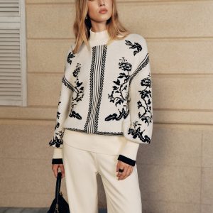 Floral Pattern Mock Neck Balloon Sleeve Sweater