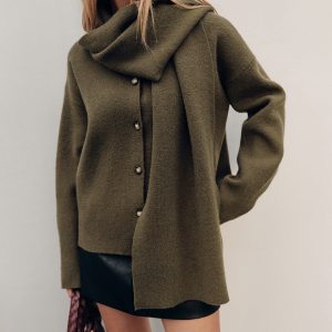 Button-Front Knit Cardigan with Scarf Detail