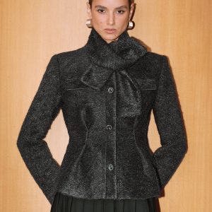 Button-Front Wool-Blend Coat with Scarf