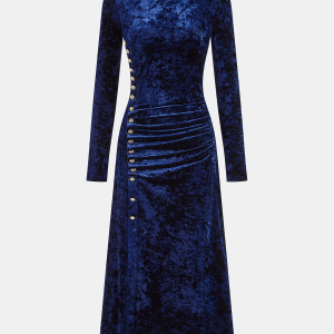 Metal Button Ruched Velvet Maxi Dress