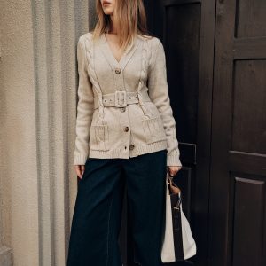 Belted Cable Knit V-Neck Cardigan