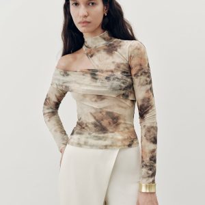 Tie-Dye Mesh One-Shoulder Long Sleeve Top