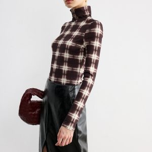 Plaid Slim Turtleneck Blouse