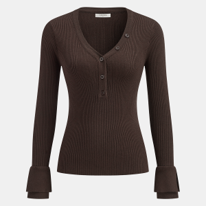 Flared Cuff Ribbed Knit Henley Top