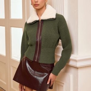 Faux Fur Collar Zip-Front Knit Outerwear