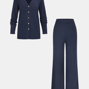 Knit V-Neck Cardigan and Slit Pants Set