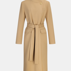 Belted Metal Button Stand Collar Longline Coat