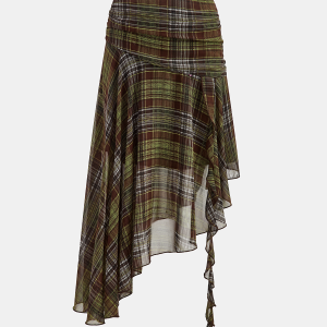 Plaid Chiffon Asymmetric Midi Skirt