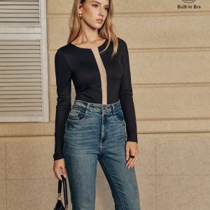 Bra-Free Mesh Paneled Long-Sleeve Bodysuit