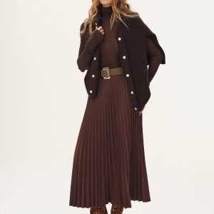 Belted Suede Effect Pleated Midi Skirt